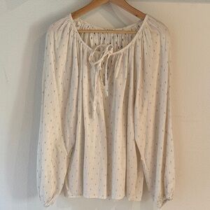 Dylan Boho Pheasant 100% Cotton Tie Neck Cream Blouse, Delicate Dots, Size L